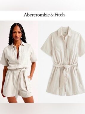 Abercrombie & Fitch‎ Brown Short-Sleeve Tie-Waist Linen Romper NWT